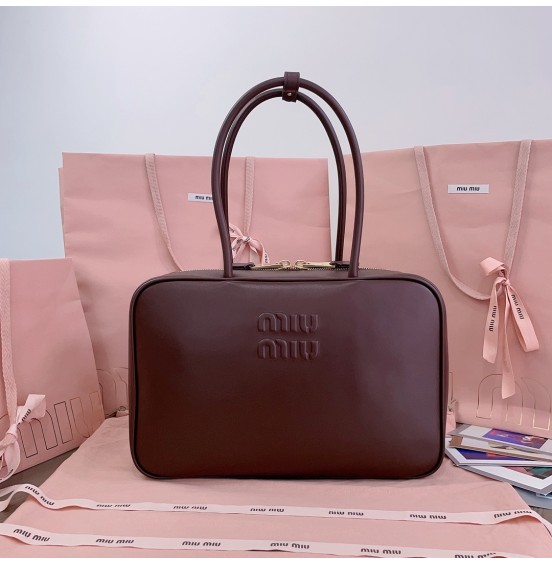 MIUMIU 미우미우 여성 명품 토트백 가죽 탑 핸들 백 코냑 5BB117